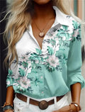 Blusas Casuais Camisa Estampada de Flores Azuis