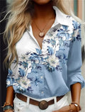 Blusas Casuais Camisa Estampada de Flores Azuis